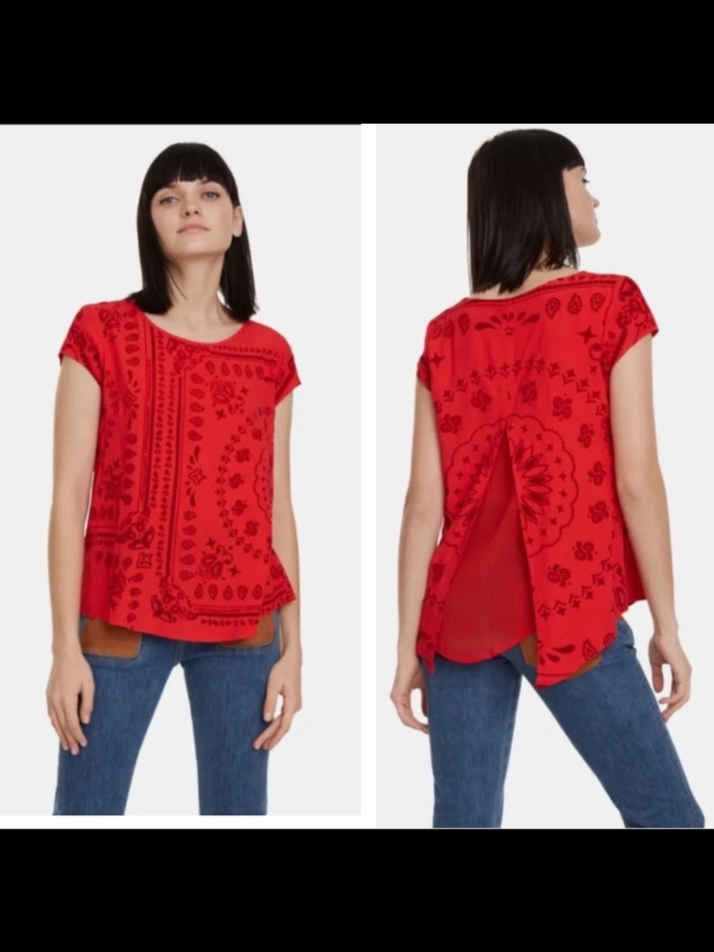 Desigual Muih Raised Velvet Design Split Back Double Layer Top Red Size US XS
